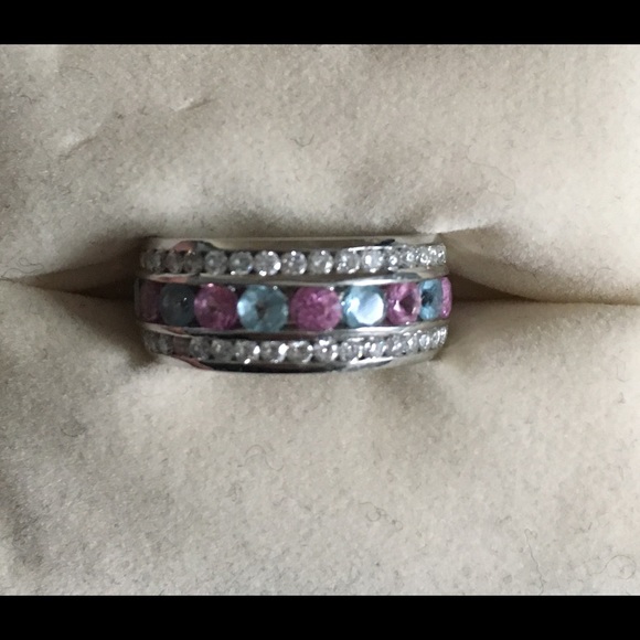 Custom19k diamond, pink sapphire & aquamarine band - Picture 3 of 5